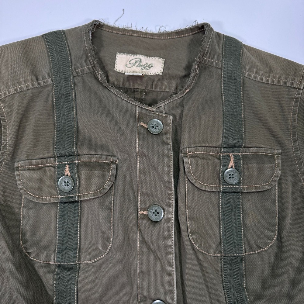 Plugg Utility Jacket Womens L Olive Green Military Button Up Distressed Y2K - Picture 4 of 16